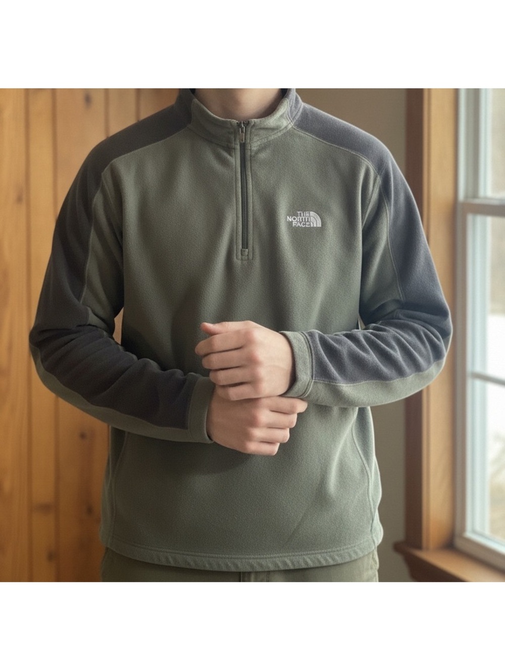 The North Face Mens Fleece Pullover Half Zip Jacket Olive Gray M